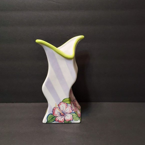Asymmetrical Ceramic Vase, Tika, Lotus International, Painted Hibiscus Flowers - Picture 7 of 10
